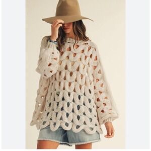 LovLov Wavy Open Knit Oversized Sweater Women S Cream Chunky Crochet Style Boho